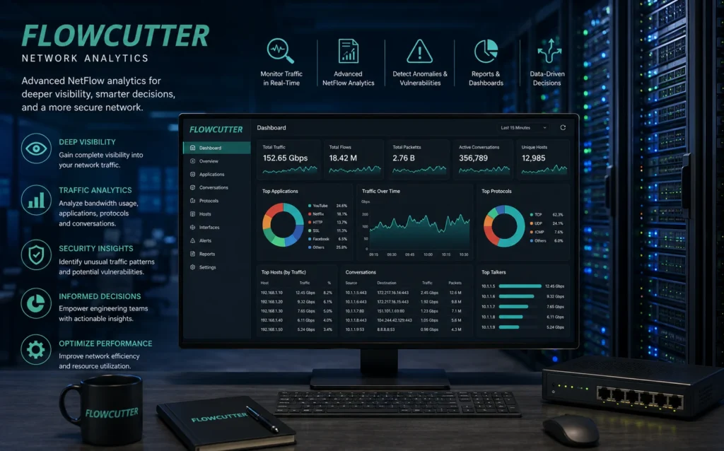 Modern network operations workspace showcasing the FlowCutter Network Analytics platform on a monitoring dashboard with real-time NetFlow traffic analytics, performance metrics, and enterprise server infrastructure. The scene represents advanced network visibility, traffic monitoring, and security analytics for internet service providers.