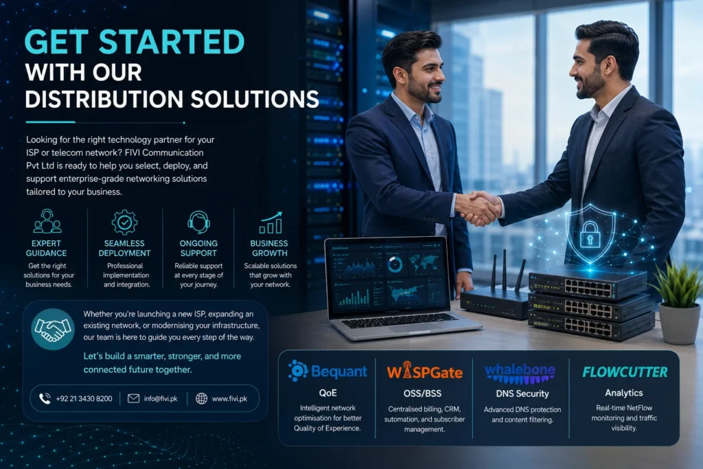 Professional corporate technology scene featuring two business professionals shaking hands in a modern office beside enterprise networking equipment, a laptop displaying network analytics, and secure server infrastructure. The image represents trusted technology partnerships, enterprise networking solutions, deployment support, and business growth for ISPs and telecom providers.