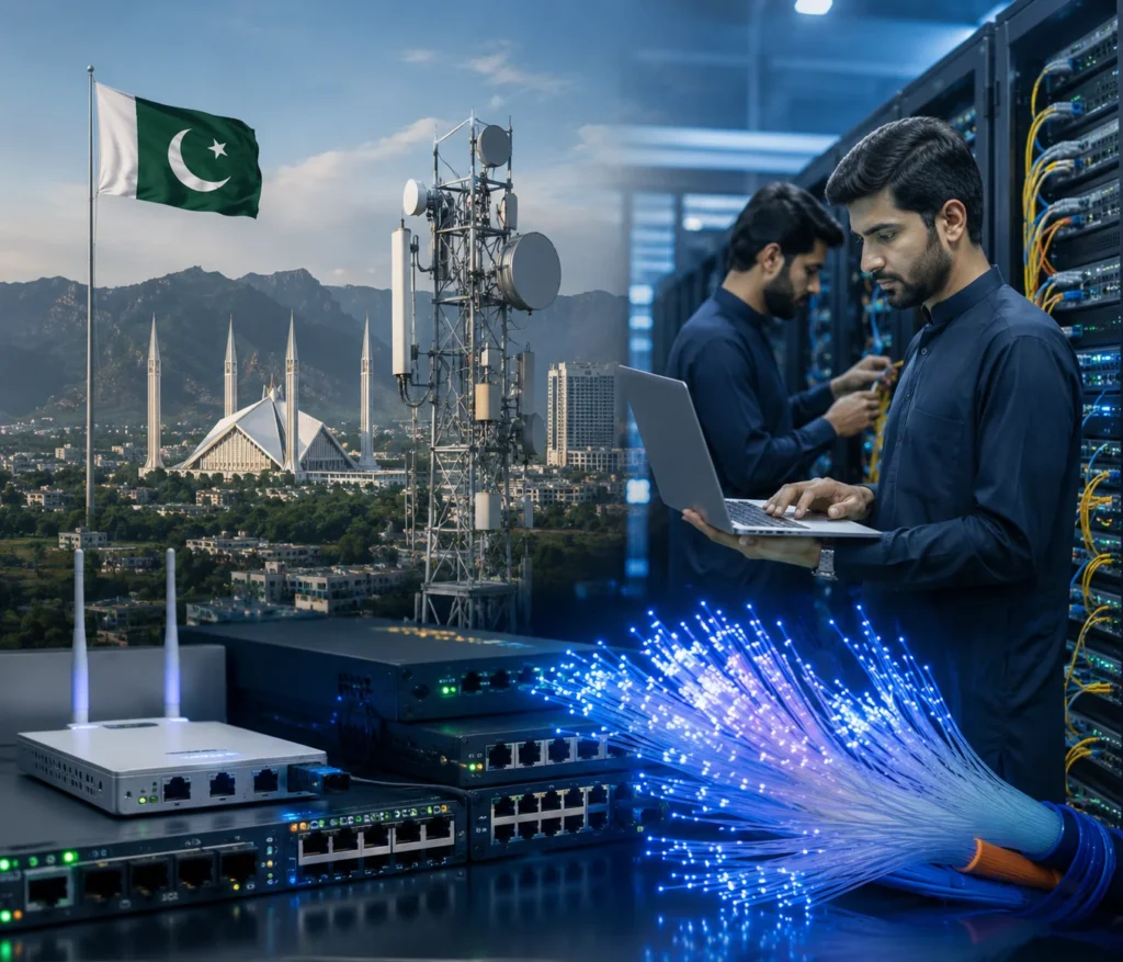 Pakistani network engineers configuring enterprise networking equipment in a modern data center with fiber optic cables, routers, switches, and telecom infrastructure. The image features a Pakistan-inspired skyline with a telecom tower, symbolizing advanced ISP connectivity and reliable network technology deployment.