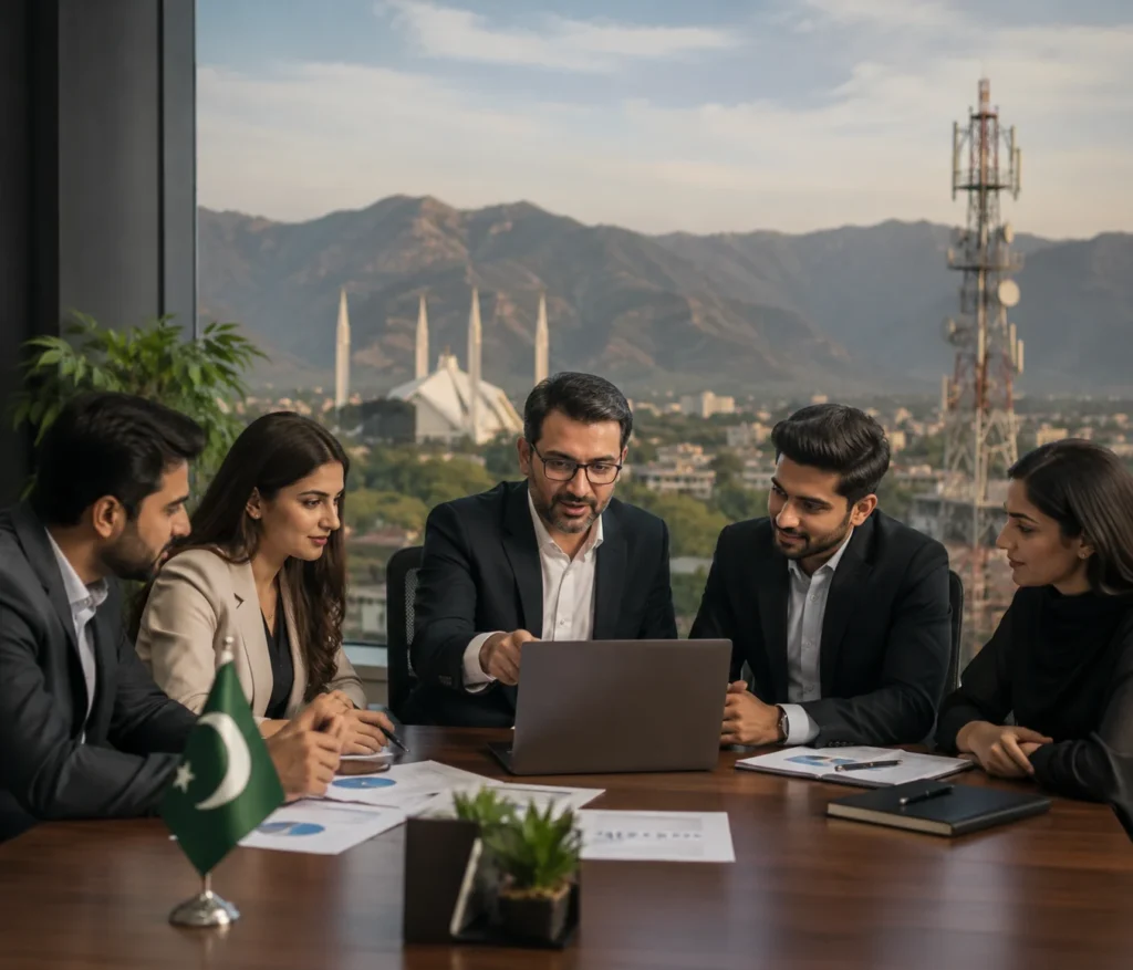 Professional leadership team meeting in a modern office with Pakistani professionals collaborating around a laptop and business reports. The scene highlights teamwork, innovation, strategic planning, and reliable technology solutions with a Pakistan-inspired cityscape and telecom infrastructure in the background.