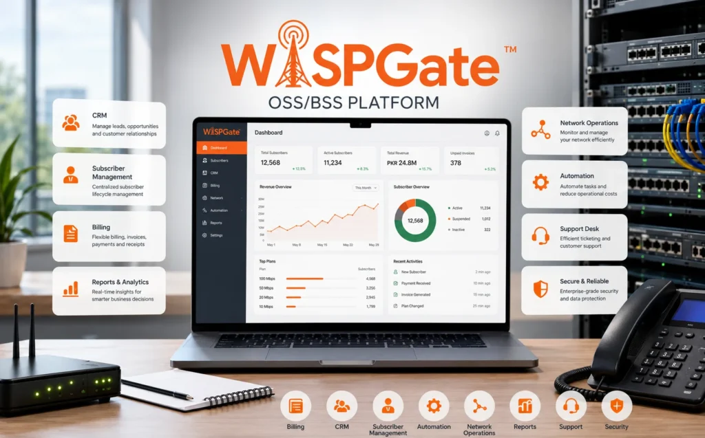 Modern office workspace featuring the WISPGate OSS/BSS platform displayed on a laptop dashboard, surrounded by networking equipment, server racks, and office tools. The scene represents centralized ISP management for billing, CRM, subscriber management, automation, analytics, and network operations.