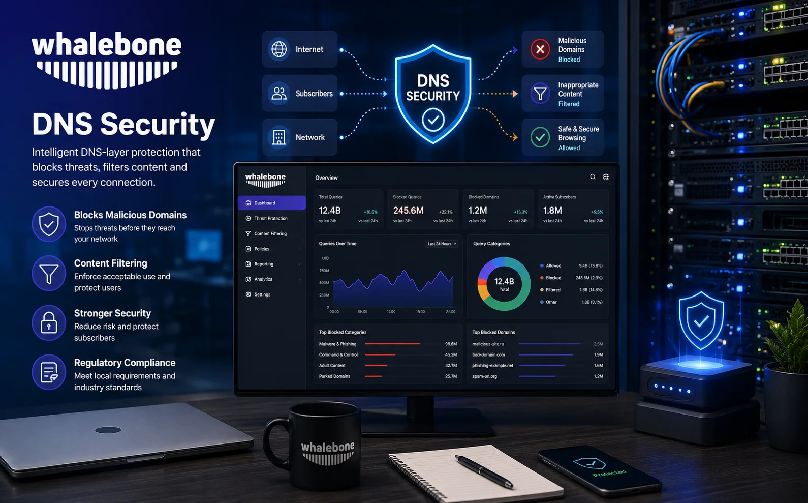 Modern cybersecurity workspace showcasing the Whalebone DNS Security platform with secure network dashboards, enterprise server racks, and DNS-layer threat protection. The scene highlights malicious domain blocking, content filtering, and advanced network security in a professional technology environment.
