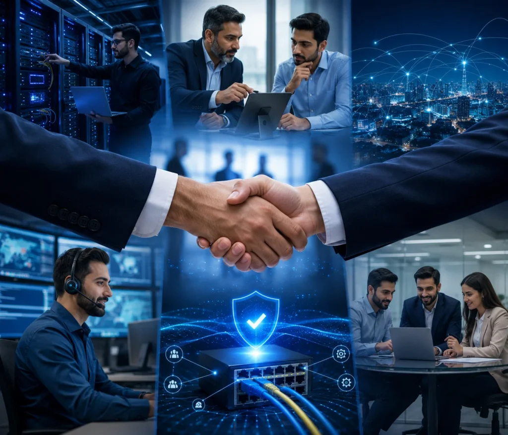 Professional corporate technology collage featuring business leaders shaking hands, IT engineers managing enterprise servers, technical consultants collaborating, customer support specialists, secure networking infrastructure, and connected digital networks representing trusted technology distribution and long-term business partnerships.
